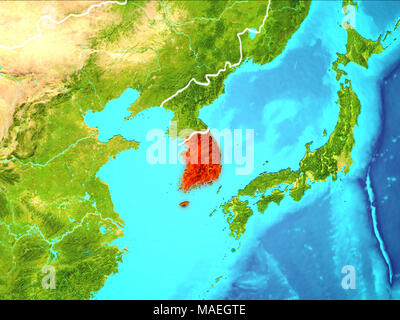 Orbit view of South Korea highlighted in red on planet Earth. 3D ...