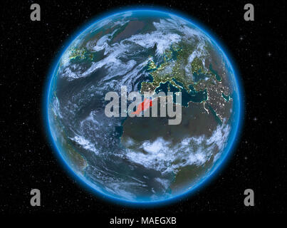 Night view of Morocco highlighted in red on planet Earth with atmosphere and clouds. 3D illustration. Elements of this image furnished by NASA. Stock Photo