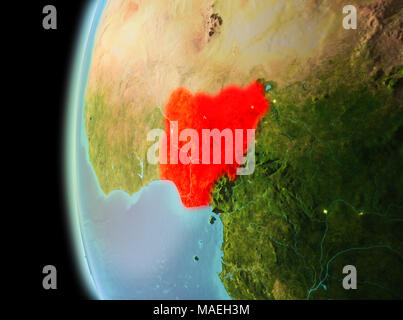 Illustration of Nigeria as seen from Earth’s orbit in late evening. 3D illustration. Elements of this image furnished by NASA. Stock Photo