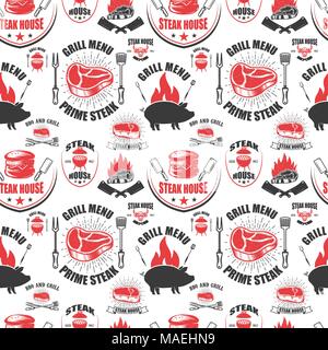 Seamless pattern with steak house symbols. Grill, bbq, fresh meat. Design element for poster, menu, flyer, banner, menu, package. Vector illustration Stock Vector