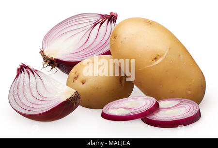 Half, slice and two chopped pieces of fresh unpeeled red onion and two whole potatoes isolated on white background Stock Photo
