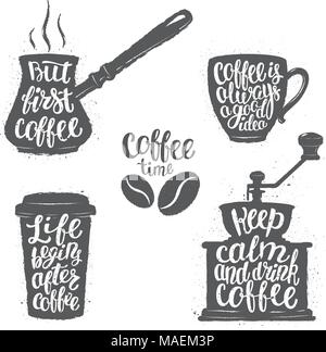 Coffee lettering in cup, grinder, pot shapes on sunburst background. Modern calligraphy quotes about coffee. Vintage coffee objects set with lettering Stock Vector