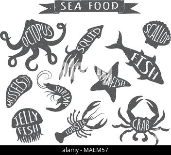 Seafood hand drawn vector illustrations, elements for restaurant menu design, decor, label. Vintage silhouettes of sea animals. Stock Vector