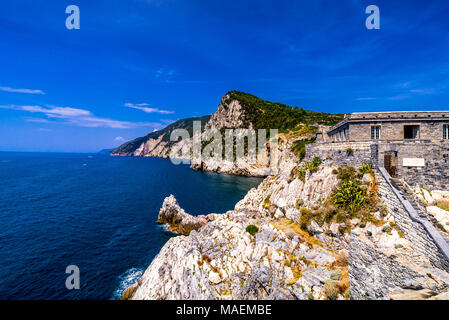 Castello Doria, an imposing clifftop fortress with views of the Gulf of Poets. Porto Venere, La Spezia, Italy Stock Photo