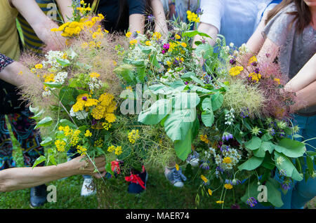 Bouquets of healing herbs and flowers in the hands of women. Stock Photo