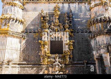 The famous chapterhouse window of the Convent of Christ in Tomar, Portugal, a well-known example of Manueline style. A World Heritage Site since 1983 Stock Photo