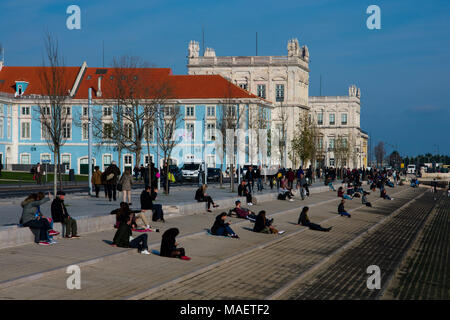 Lisbon. Portugal. January 23, 2018. People enjoying the riverside promenade Stock Photo