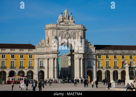 Lisbon. Portugal. January 23, 2018.  Rua Augusta Arch (Arco da Rua Augusta) at Commerce Square (Praca do Comercio) Stock Photo
