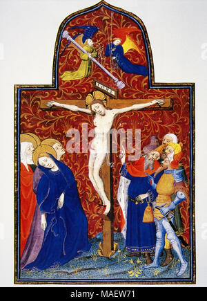 Jesuchrist crucified and two angels, one of them carrying a crown of thorns and the other one with an instrument of torture. The Virgin Mary is crying at the foot of the cross. Miniature from a Book of hours, 14th century. Conde Museum. Chateau of Chantilly. France. Stock Photo