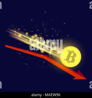 Gold Bitcoin Icon and Red Arrow Stock Vector