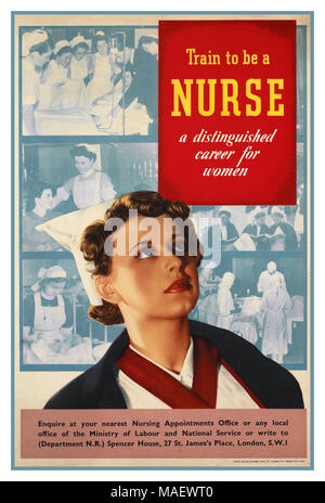 1940’s Vintage UK Nursing Recruitment Poster in WW2 Female nurse in uniform. Other images depict nurses performing various duties, dealing with patients, assisting with an operation, as well as studying . ‘Train to be a NURSE a distinguished career for women’   ‘Enquire at your nearest Nursing Appointments Office or any local office of the Ministry of Labour and National Service’ 1940 Stock Photo