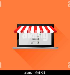 Red White Tent. Open Laptop with Striped Awning. Online Shopping Stock Vector