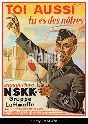 WW2 Vintage Nazi Germany Propaganda Recruitment Poster in Belgium 'You Too – You’re One of Us. Enlist to NSKK (National Socialist Motor Corps) Gruppe Luftwaffe'  Belgium/Flemish 'Voluntarily enlist in an auxiliary unit of the German Luftwaffe'    1939-1945 World War II Nazi Work Programme Stock Photo