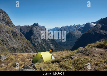 Superb campsite on the Gertrude Saddle, Fjordland, New Zealand Stock Photo