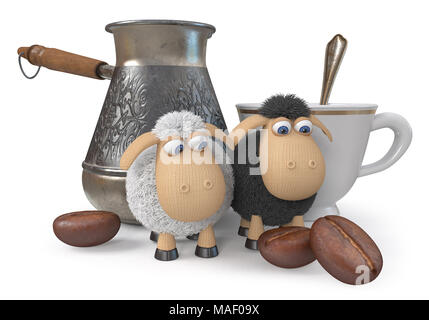 3d illustration funny fluffy sheep do different things/ fluffy farm animals amuse themselves Stock Photo