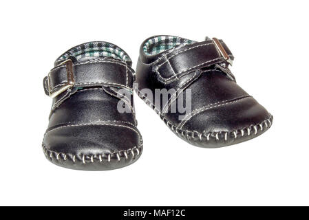 Baby dark blue leather booties isolated on white Stock Photo