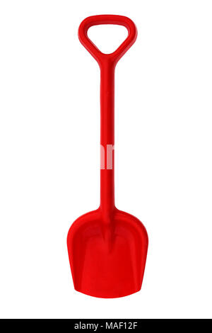 Baby red plastic shovel snow isolated on white Stock Photo
