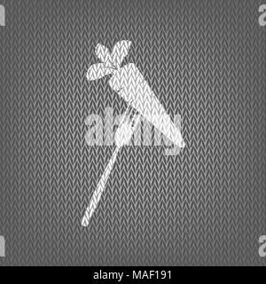 Vegetarian food sign illustration. Vector. White knitted icon on gray knitted background. Isolated. Stock Vector