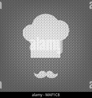 Chef hat and moustache sign. Vector. White knitted icon on gray knitted background. Isolated. Stock Vector