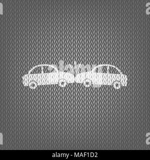 Crashed Cars sign. Vector. White knitted icon on gray knitted background. Isolated. Stock Vector