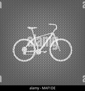 Bicycle, Bike sign. Vector. White knitted icon on gray knitted background. Isolated. Stock Vector