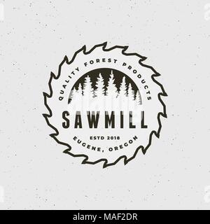 sawmill logo. retro styled woodwork emblem. vector illustration Stock Vector