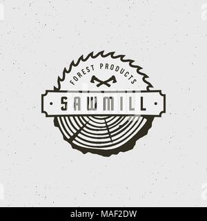 sawmill logo. retro styled woodwork emblem. vector illustration Stock Vector
