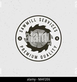 sawmill logo. retro styled woodwork emblem. vector illustration Stock Vector