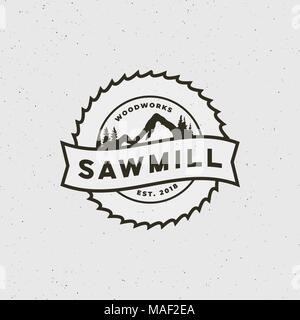 sawmill logo. retro styled woodwork emblem. vector illustration Stock Vector