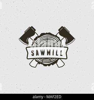 sawmill logo. retro styled woodwork emblem. vector illustration Stock Vector