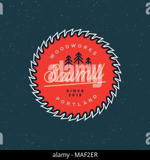 sawmill logo. retro styled woodwork emblem. vector illustration Stock Vector