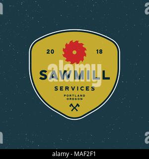 sawmill logo. retro styled woodwork emblem. vector illustration Stock Vector