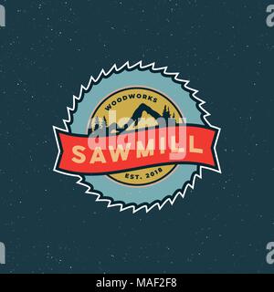 sawmill logo. retro styled woodwork emblem. vector illustration Stock Vector