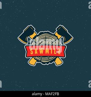 sawmill logo. retro styled woodwork emblem. vector illustration Stock Vector