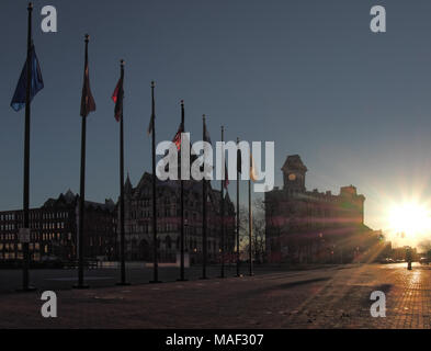 Clinton Square in Syracuse, New York at sunrise. March 31, 2018 Stock Photo