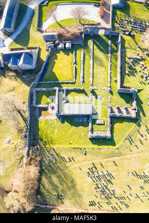 The cruciform shaped outline of the Strata Florida  (Ystrad Fflur) ruined Cistercian Abbey, near Pontrhydfendigaid, Ceredigion Wales UK Stock Photo