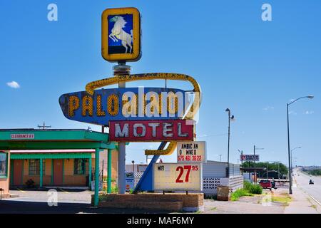 TUCUMCARI, NEW MEXICO - JULY 21: Palomino Motel on Historic Route 66 on July 21, 2017 in Tucumcari, New Mexico. The Palomino Motel has been serving tr Stock Photo