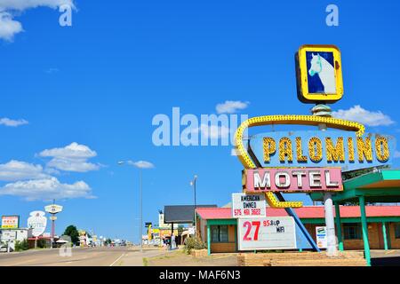 TUCUMCARI, NEW MEXICO - JULY 21: Palomino Motel on Historic Route 66 on July 21, 2017 in Tucumcari, New Mexico. The Palomino Motel has been serving tr Stock Photo