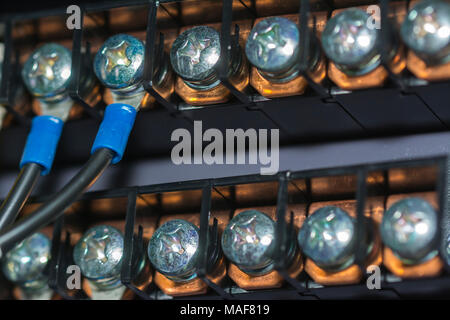 Electric panel with cables Electrical terminal in junction box Control panel with static energy Stock Photo