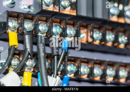 Electric panel with cables Electrical terminal in junction box Control panel with static energy Stock Photo
