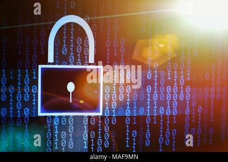 colorful binary code and padlock symbol. internet password and data privacy. cyber security concept. Stock Photo