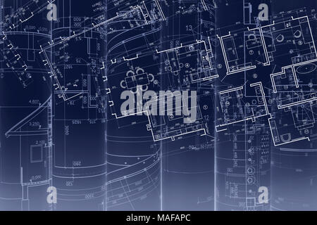 architectural plans, technical projects and blueprints. toned image. double exposure. Stock Photo