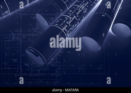 house blueprints on architects desk, engineering drawings and house plan blueprints rolled up. toned image. Stock Photo