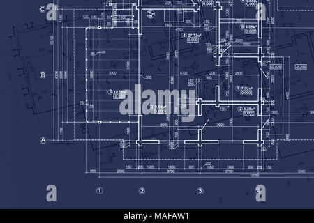 house blueprint on architects desk, engineering drawings and plans on dark blue background Stock Photo