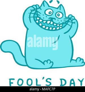 Cartoon fat cat makes a crazy face. 1 April holiday. Fool's day. Vector Illustration. Stock Vector