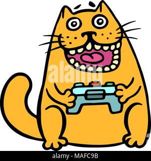 Cat keeps the joystick from the console. Cute emoticon character. Cheerful pet cool video gamer. Vector illustration. Stock Vector