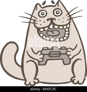 Cat plays in cool video games. Cheerful pet video gamer with a joystick in its paws. Vector illustration. Stock Vector
