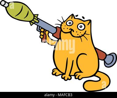 War cat with a grenade launcher. Vector Illustration. Cute orange cartoon pet character. Stock Vector
