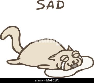 Sad gray cat Tik lies in tears. Bad day. Vector illustration. Cute pet character. Stock Vector