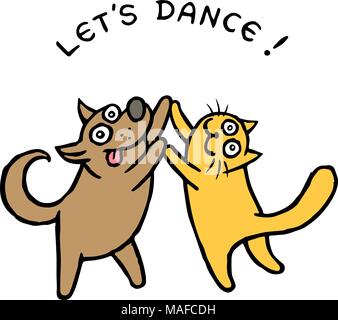 Cute dog Kik and cat Tik dancers. Vector illustration. Best friends. Together forever. Cartoon pets characters. Stock Vector